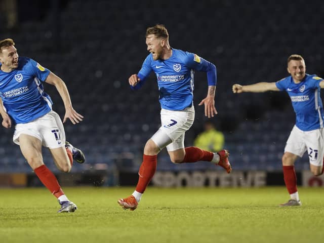 Aiden O'Brien celebrating his dramatic late winner in Pompey's remarkable 3-2 success over Wigan in the final Fratton Park match of the season. Picture: Jason Brown/ProSportsImages