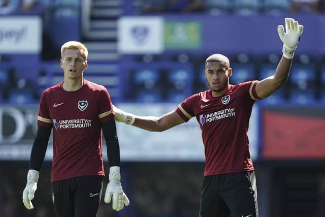 Pompey goalkeepers Gavin Bazunu, right, and Alex Bass