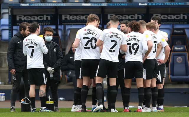 Danny Cowley speaks to his Pompey players during Saturday's 2-1 win at Shrewsbury which lifts them into fifth spot. Picture: Barrington Coombs/PA Wire