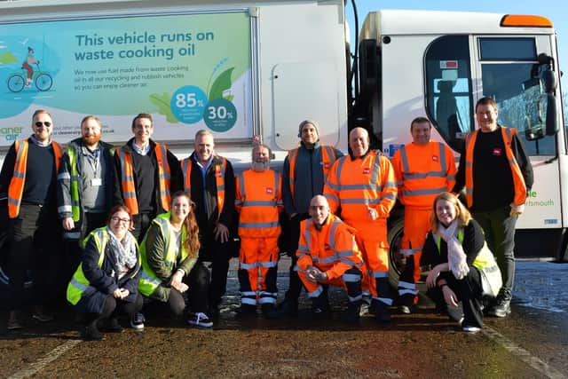 Tony Moulson celebrates 46 years of working as a refuse collector.
Tony is in the middle of the picture