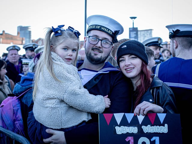 Pictured: Danielle Lawry, with her daughter Leah, four, of Gosport, welcoming Liam Burrows home.