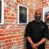 Artist Olufemi Olaiya with some of his work. Now We Are Here exhibition at Aspex Gallery, Gunwharf Quays, Portsmouth. Picture: Chris Moorhouse