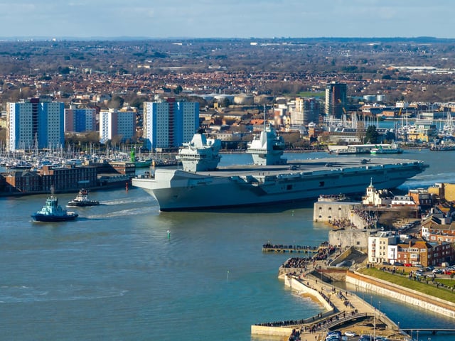 HMS Prince of Wales sailing out of Portsmouth as she heads for a huge Nato deployment in the North Sea. Picture: Michael Woods - Solent Sky Services.