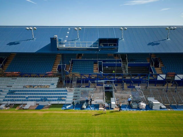 Work is well under way to make the South Stand a one-tiered structure.
Picture: Michael Woods / Solent Sky Services