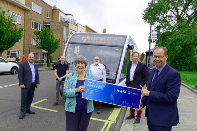 Councillors celebrate the launch of a new bus service in Portsmouth.
Pictured from left to right - Cllr Steve Pitt, Cllr Matthew Winnington, Cllr Lynne Stagg, Cllr Hugh Mason, Cllr Chris Attwell and Marc Reddy, managing director at First Solent