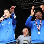 Gareth Evans produces an impromptu song at Pompey's League Two title-winning celebrations on Southsea Common in May 2017. Picture: Joe Pepler