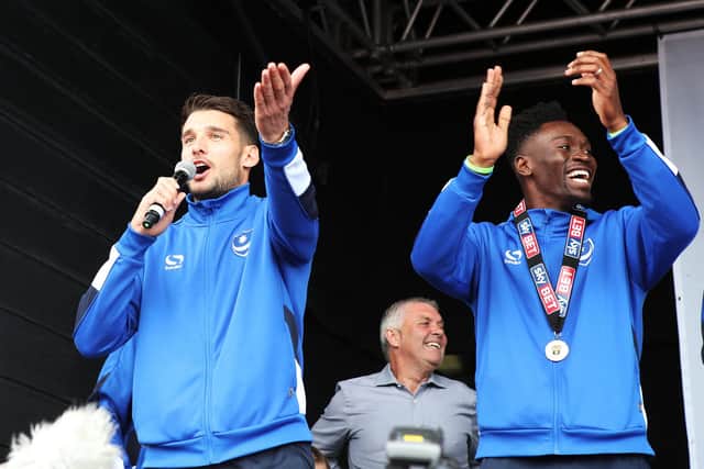 Gareth Evans produces an impromptu song at Pompey's League Two title-winning celebrations on Southsea Common in May 2017. Picture: Joe Pepler