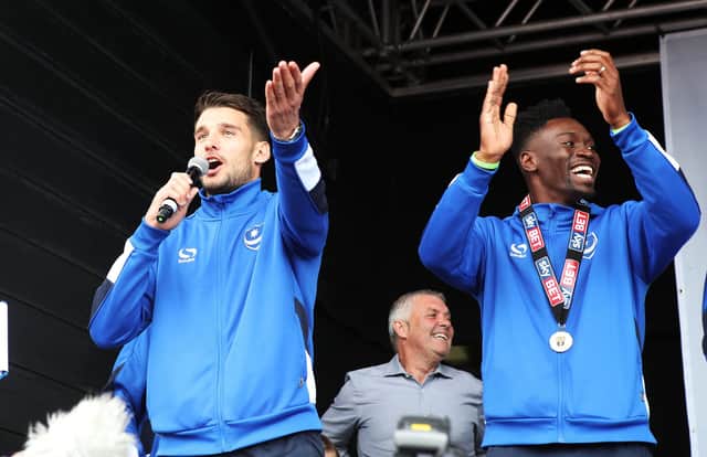 Gareth Evans produces an impromptu song at Pompey's League Two title-winning celebrations on Southsea Common in May 2017. Picture: Joe Pepler