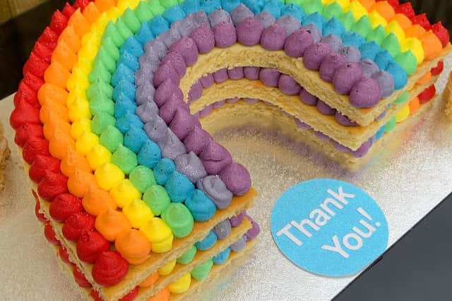A rainbow cake for Queen Alexandra Hospital by But First, Cake! - a bakery business in North End run by Francesca Collins and her mother Tracey.