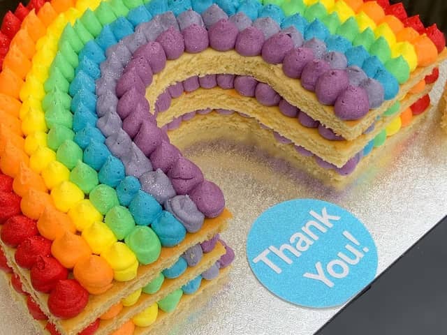A rainbow cake for Queen Alexandra Hospital by But First, Cake! - a bakery business in North End run by Francesca Collins and her mother Tracey.
