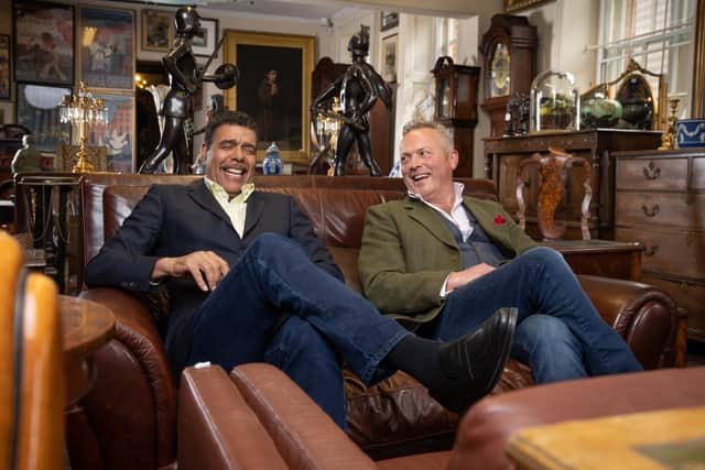 Pictured: (L-R) Chris Kamara and Jules Hudson. Picture: PA Photo/©Channel 5/Studio Leo/Olly Courtney.