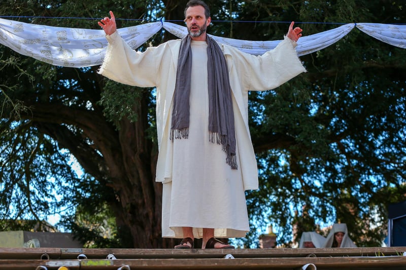 Jesus addresses his supporters. The Havant Passion, West Street, Havant
Picture: Chris  Moorhouse (300324-09)