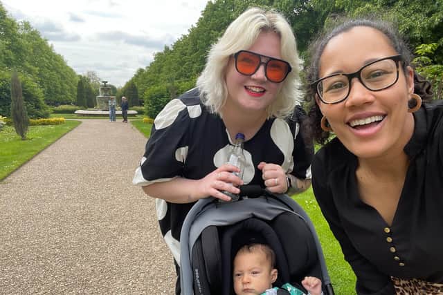 K-Anna (right) and Hannah Loyd-Wheatley from Havant, met while working in America a decade ago, and have recently had baby Amos via IVF. 
They are featuring in a year-long documentary series by Johnson's Baby.
