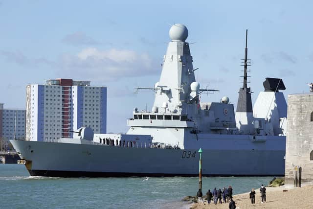 The Royal Navy type 45 Destroyer HMS Diamond leaves Portsmouth harbour. Picture date: Friday February 25, 2022.