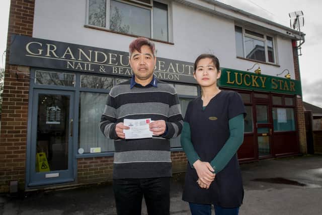 11/3/20

Staff of Grandeur Beauty Nail Salon and Luck Star Takeaway recieved a racist letter following the Coronavirus outbreak.

Pictured: Phil Tu and Ivy Ho outside their shops with the racist letter.
Picture: Habibur Rahman