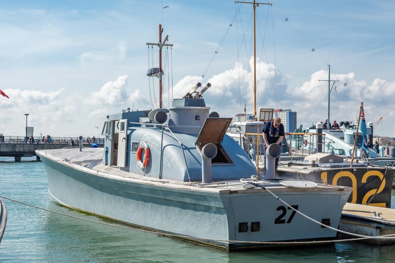 The restored Motor Anti-Submarine Boat (MASB) 27 moored on the pontoon in Portsmouth Harbour. Picture: Mike Cooter (08042023)
