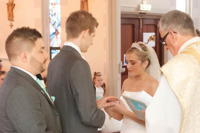 Chelsie and Glyn exchanging vows. Picture: Carla Mortimer Photography