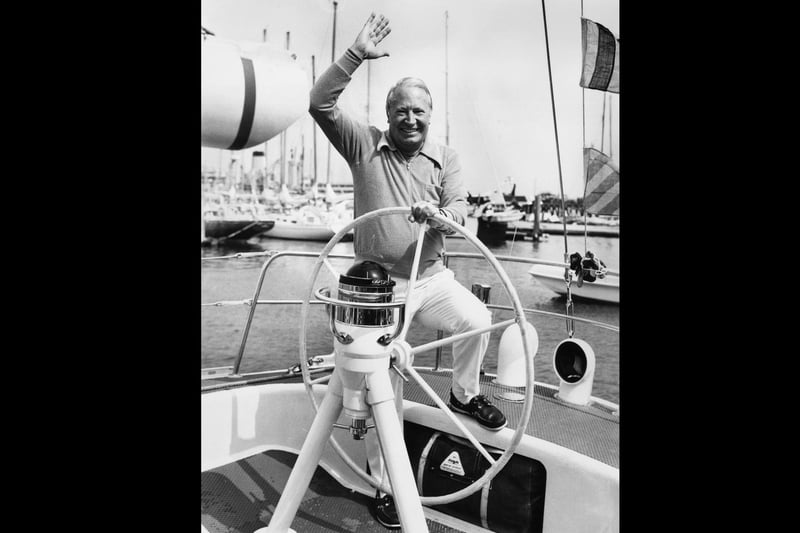10th May 1975:  British politician Edward Richard George Heath at the helm of his new racing yacht 'Morning Cloud' after the launching ceremony at Gosport, Hampshire.  (Photo by Peter Cade/Central Press/Getty Images)