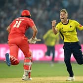 Nathan Ellis celebrates after Hampshire's victory in the Vitality Blast final. Photo by Alex Davidson/Getty Images