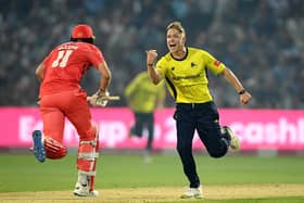 Nathan Ellis celebrates after Hampshire's victory in the Vitality Blast final. Photo by Alex Davidson/Getty Images