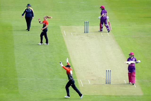 Lightning's Kathryn Bryce is dismissed for 13 off the bowling of Southern Vipers' Tara Norris during the Rachael Heyhoe Flint Trophy match at The Ageas Bowl. Picture: John Walton/PA Wire.