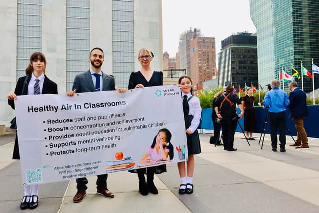 Safe Air Schools UK at the United Nations, New York. Left to right: Junior Ambassador; Air Quality Expert and speaker at the event, Sotirios Papathanasiou; Founder, Nathalie Pearson; Safe Air Schools Ventilation Champion