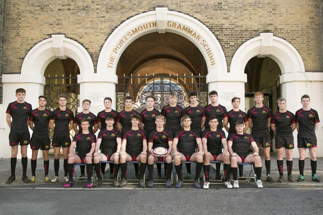 Portsmouth Grammar School's 2018/19 rugby union squad. Back (from left): T Daloz, J McBride, J Norton, L Gibson, H Conway, T Wallis, T Coyle, J Crundwell, G Prince, W Hickman, T Amos, W Redrupp, T Beatie, M Saint. Front: J Taylor, J Breen, J Furniss, E Haydon, T Drayson, O Lilley, J Martin.