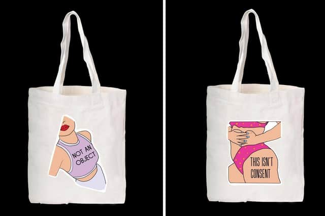 Chelsea Heaton-Penington and Pip Smith have created slogan tote bags to sell for PARCS. Pictured: A few of the designs which are available