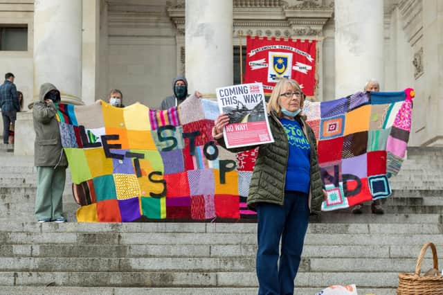 Members of the 'Let's Stop Aquind' campaign at the Kill The Bill demo in the Guildhall Square, Portsmouth
