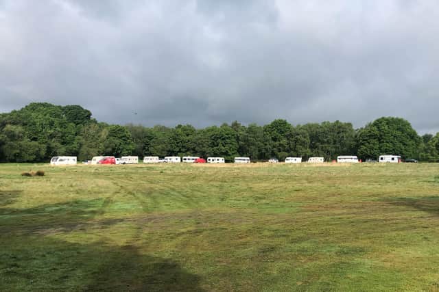 Travellers on Shedfield Common near Wickham on May 18, 2022, with a group of about 25 vehicles parked up