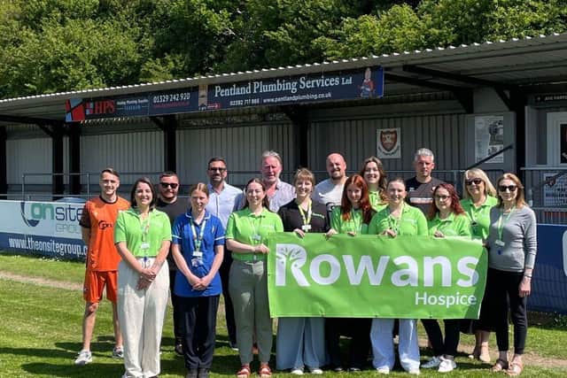 AFC Portchester players Ryan Pennery and Steven Mowthorpe, AFC Portchester Chairman Paul Kelly, AFC Portchester Men’s First Team Manager Gavin Spurway, Rowans Hospice Fundraising & Nursing Staff, OnSite Group’s Operations Director Ryan Deacon & Commercial Director Louis Avenell. Join on the pitch to celebrate the launch of their new charity partnership.