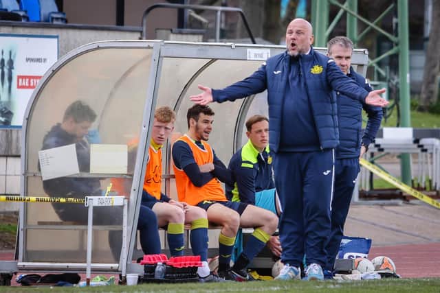 Moneyfields manager Glenn Turnbull was back in the home dugout at US Portsmouth as his side lost 2-1 to Shaftesbury. Picture: Paul Collins