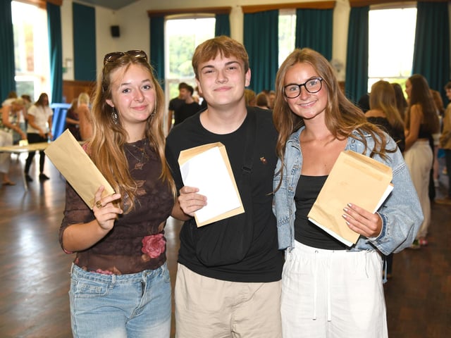 A-Level results day at King's Academy Bay House in Gosport, Hampshire. L-R Eleanor Warringer, Cameron Irvine, Anya Middleton all 18Please credit: Paul Jacobs/pictureexclusive.com