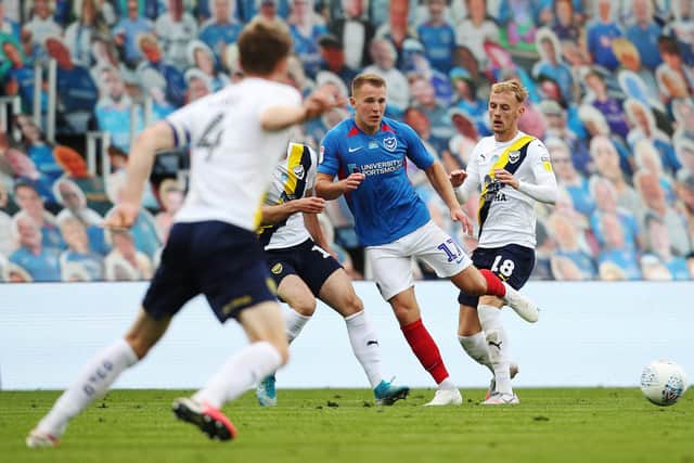 Bryn Morris was surprisingly chosen for both legs of Pompey's League One semi-final clash with Oxford United in July 2020 - ahead of skipper Tom Naylor. Picture: Joe Pepler