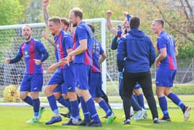 US Portsmouth celebrate after beating Bemerton on penalties to reach the Wessex League Cup for the first time in the club's history. Picture: Martyn White.