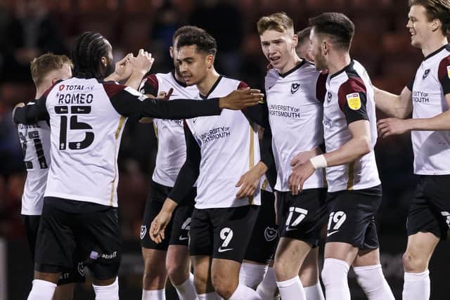 Pompey celebrate Tyler Walker's goal at Crewe tonight (Photo by Daniel Chesterton/phcimages.com)