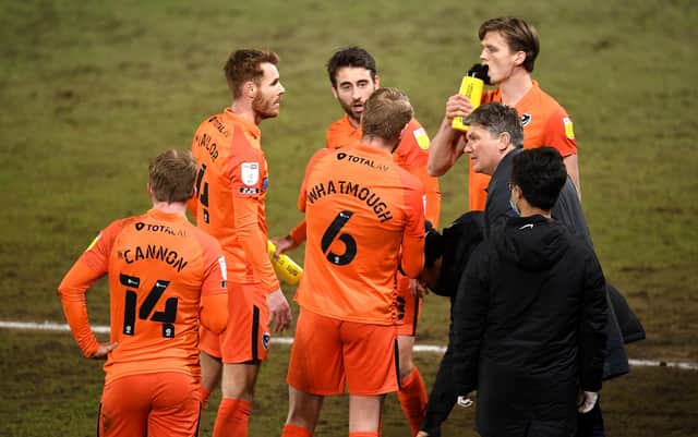 Caretaker boss Joe Gallen attempts to rally Pompey during the trip to Peterborough. Picture: Joe Giddens/PA Wire