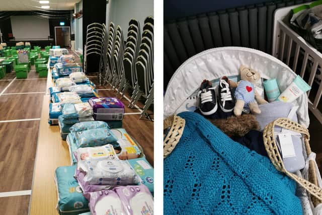 Baby Basics Portsmouth helps new parents who are struggling financially. Pictured: Nappy donations on the left, and right is a basket of goodies for a family