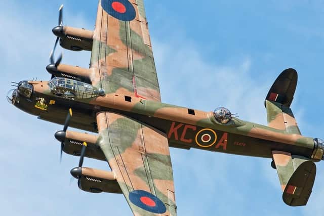 The imposing Lancaster bomber flying in the skies