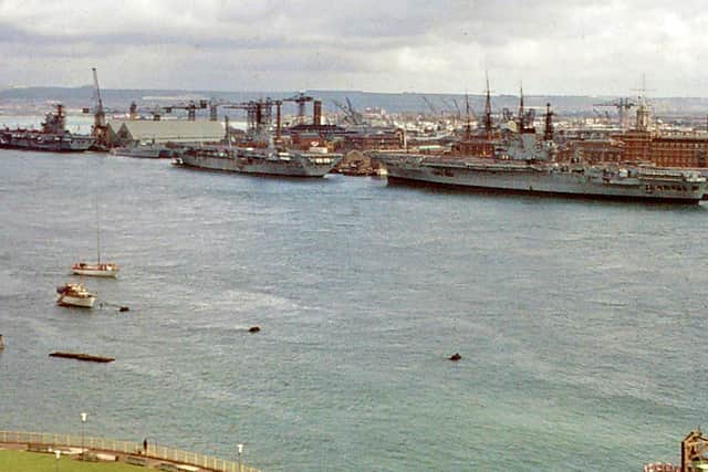 Three more carriers... HM Ships Hermes, Albion and Victorious alongside in Portsmouth Dockyard in the 1960s. Picture: Graham Stevens.