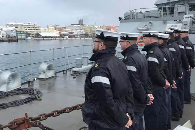 HMS Medway's crew pictured as they left Bermuda. Photo: Royal Navy