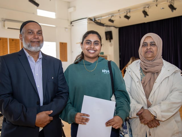 Students found out their A Level results this morning at Portsmouth High School as they prepare for their next steps in education.
Pictured - Ilmi, 18 with Mum and Dad, heading to Reading University to study Cosmetic Science
Photos by Alex Shute
