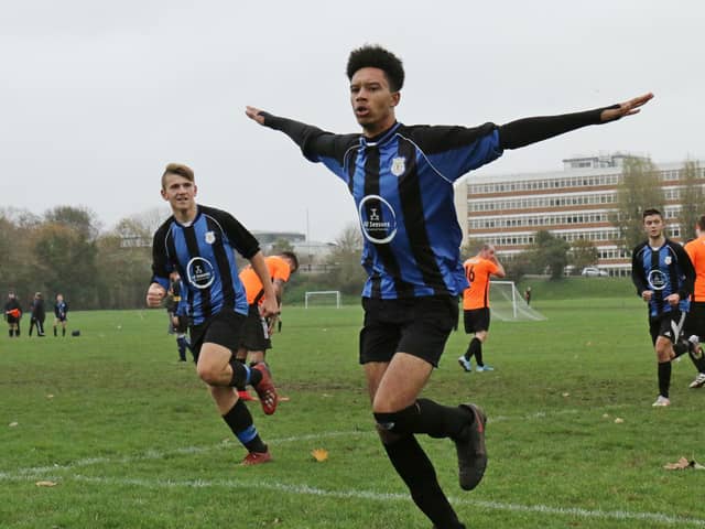 Padnell Rovers celebrate a goal during their 5-2 Division 6 win against  Fratton Trades A. Picture: Kevin Shipp.