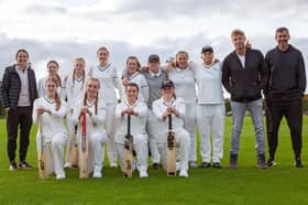 Andrew 'Freddie' Flintoff (standing, second from right) with the girls' cricket team he is forming at Blackpool's South Shore CC in the latest series of Field of Dreams (Picture: BBC/South Shore/Lauren Hira)