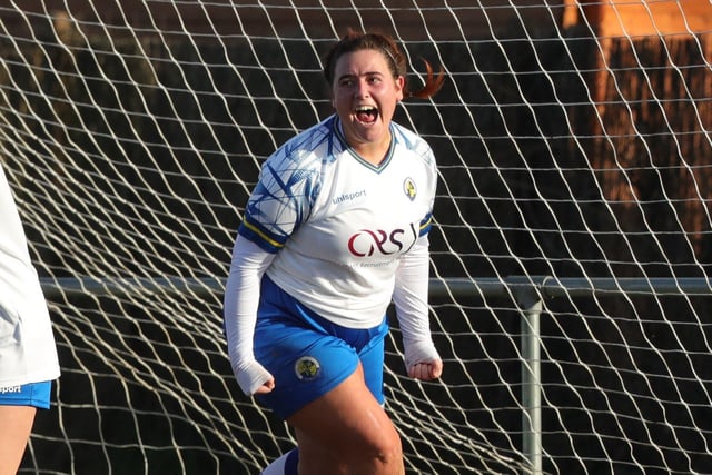 Chloe Dark celebrates after scoring Hawks' second goal. Picture by Dave Haines
