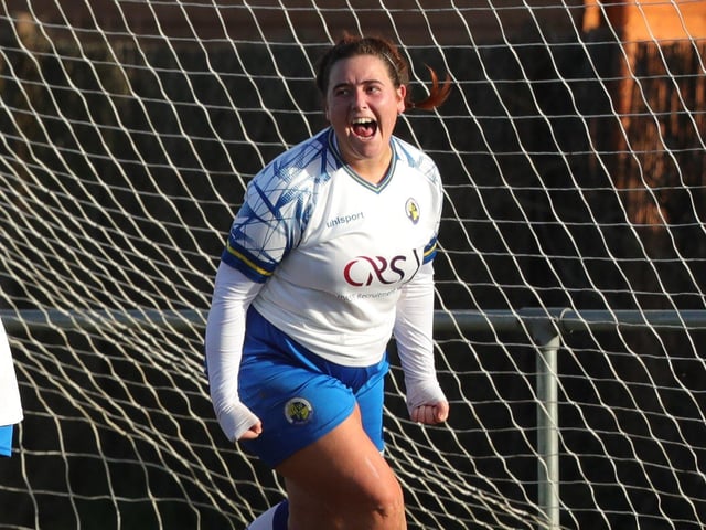 Chloe Dark celebrates after scoring Hawks' second goal. Picture by Dave Haines