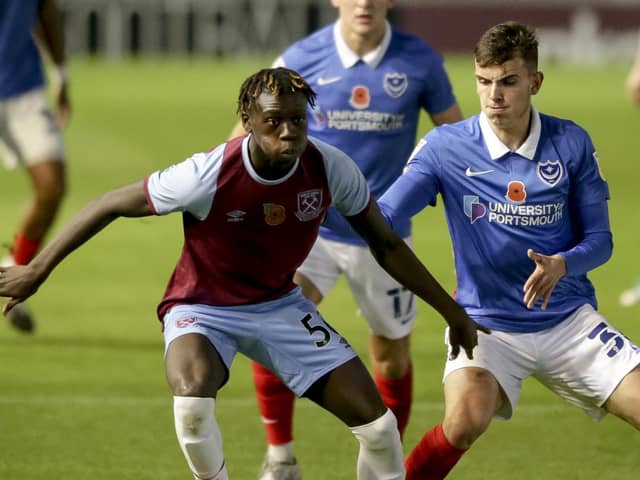 Pompey youngster Harry Kavanagh in action for Pompey against West Ham under-21s in the EFL Trophy