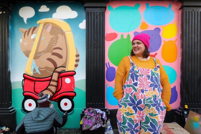 Ooberla, right, and Roo, left,  at work. Ladyjam, a female only street art event in Osborne Road, Southsea 
Picture: Chris Moorhouse (jpns 270224-11)