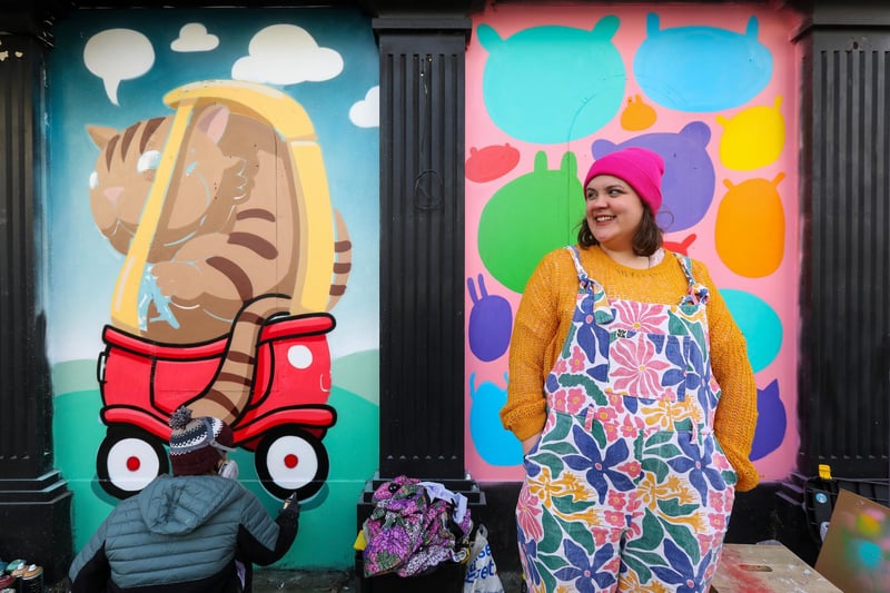 Ooberla, right, and Roo, left,  at work. Ladyjam, a female only street art event in Osborne Road, Southsea 
Picture: Chris Moorhouse (jpns 270224-11)