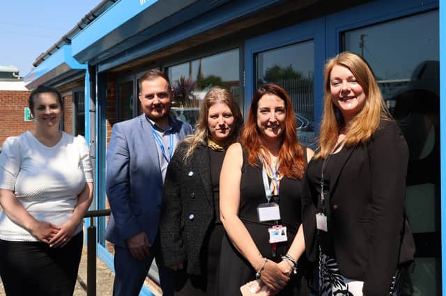 From left - Vicki Llewelyn (Gosport & Fareham Services Manager at Motiv8),  Terry Norton (Deputy PCC for Hampshire &  IoW),  Donna Jones (PCC), Kirsty Robertson  (head of Operations at Motiv8), Pippa Mears (Grants Administrative Officer at the Office of the PCC).